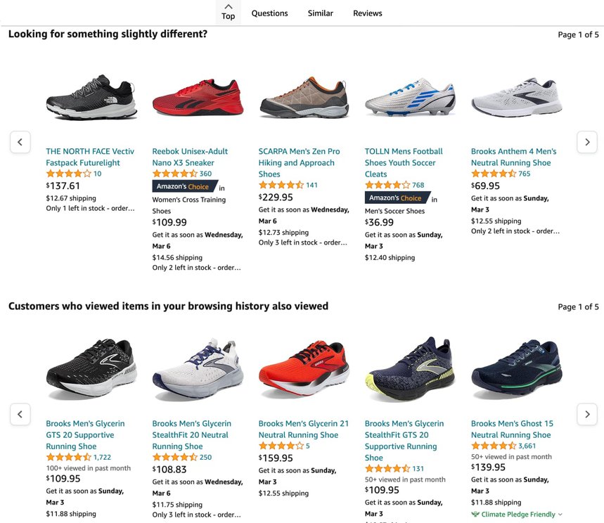 An Amazon product recommendation page displaying suggested shoes based on browsing history and related items.