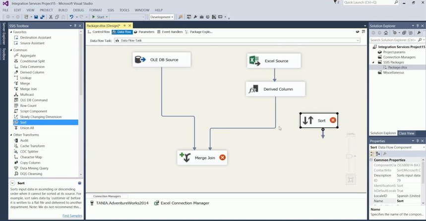SQL Server Integration Services (SSIS) interface with data transformation components like Merge Join and Sorting.