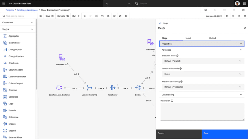 IBM Cloud Pak for Data workflow showing data movement, transformation, and merging from multiple sources.