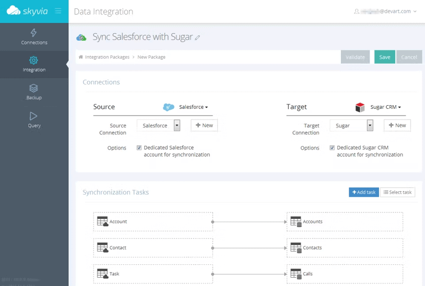 Skyvia’s cloud-based data integration interface, showing source and target connections for Salesforce and SugarCRM sync.