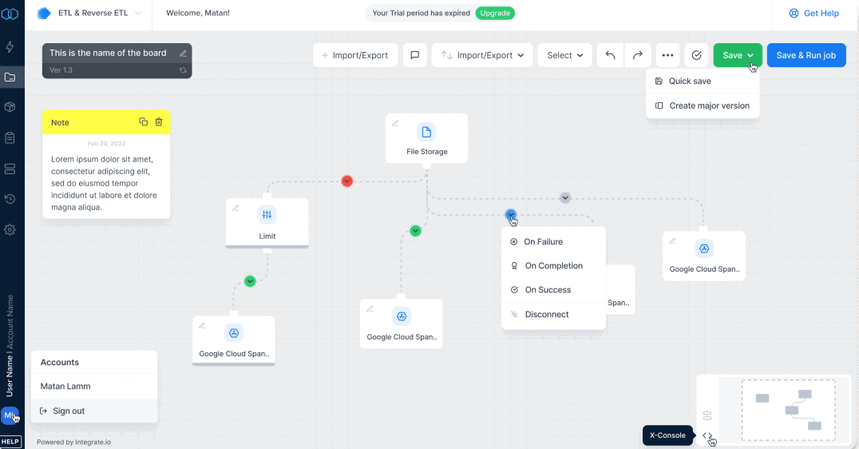 ETL and Reverse ETL job configuration, displaying a no-code interface for data pipeline automation in Integrate.io.