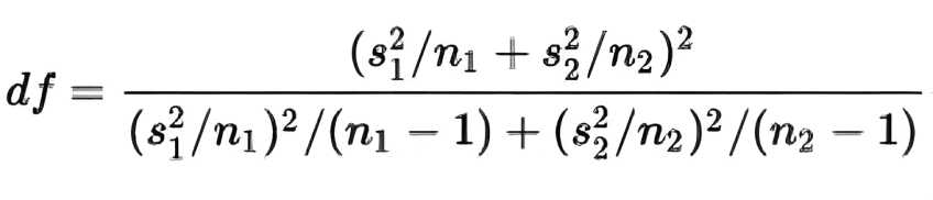 A formula for calculating degrees of freedom in a t-test, accounting for sample sizes and variances.