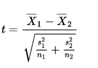 A formula for the two-sample t-test, used to compare the means of two independent samples.