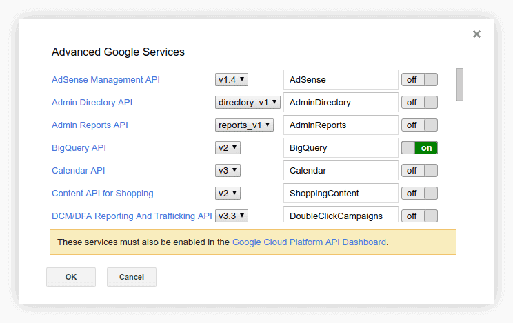 “Advanced Google Services” settings in Google Apps Script, displaying various APIs such as BigQuery, AdSense, and Admin Reports, with BigQuery enabled.