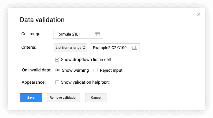 Data validation settings window in Google Sheets, configuring a dropdown list based on a specified range for structured data entry.