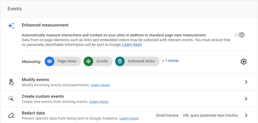 Google Analytics 4 (GA4) Events settings screen, displaying enhanced measurement options for tracking page views, scrolls, and outbound clicks.