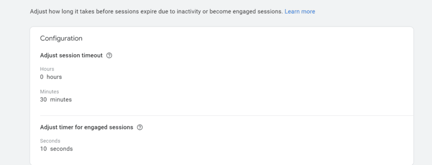 GA4 session timeout settings allowing customization of session expiration and engaged session timers.