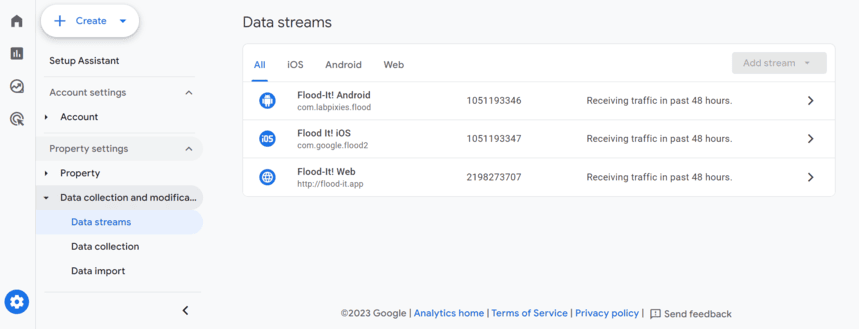GA4 data streams page listing Android, iOS, and web data streams, with status indicators showing recent traffic.