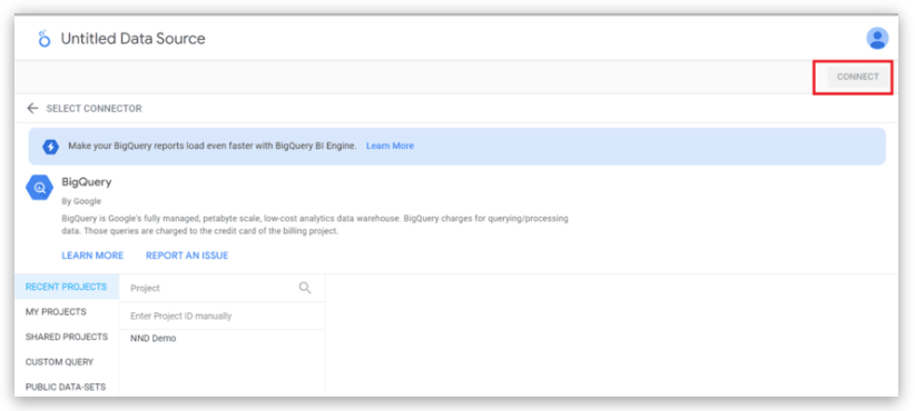 Looker Studio interface showing Google BigQuery project selection with the “Connect” button highlighted.