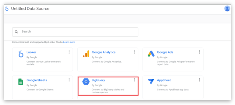 Looker Studio interface showing the selection of the BigQuery connector for connecting data sources.