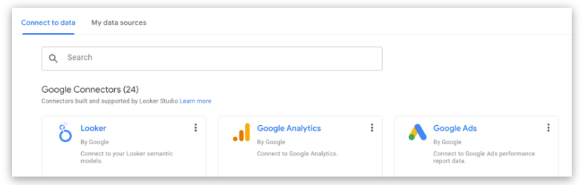 Looker Studio data connector interface showing available Google Connectors, including Looker, Google Analytics, and Google Ads.