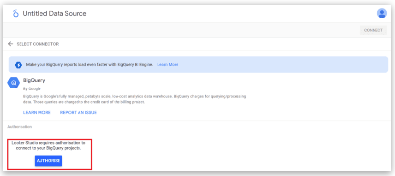 Looker Studio interface prompting authorization to connect to Google BigQuery data sources.