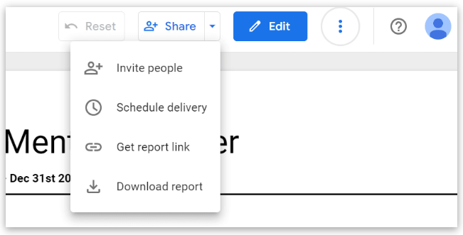 Looker Studio sharing options, including inviting people, scheduling delivery, getting a report link, and downloading the report.