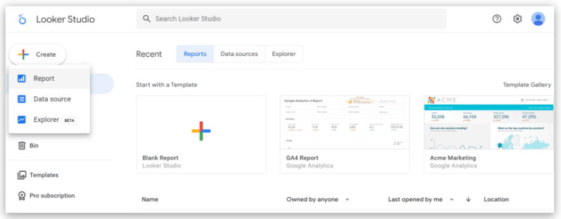 Looker Studio interface displaying the “Create” menu with options for creating a report, data source, or explorer.