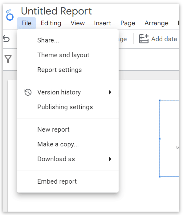 Looker Studio file menu options, including sharing, theme settings, report settings, version history, publishing, and download options.