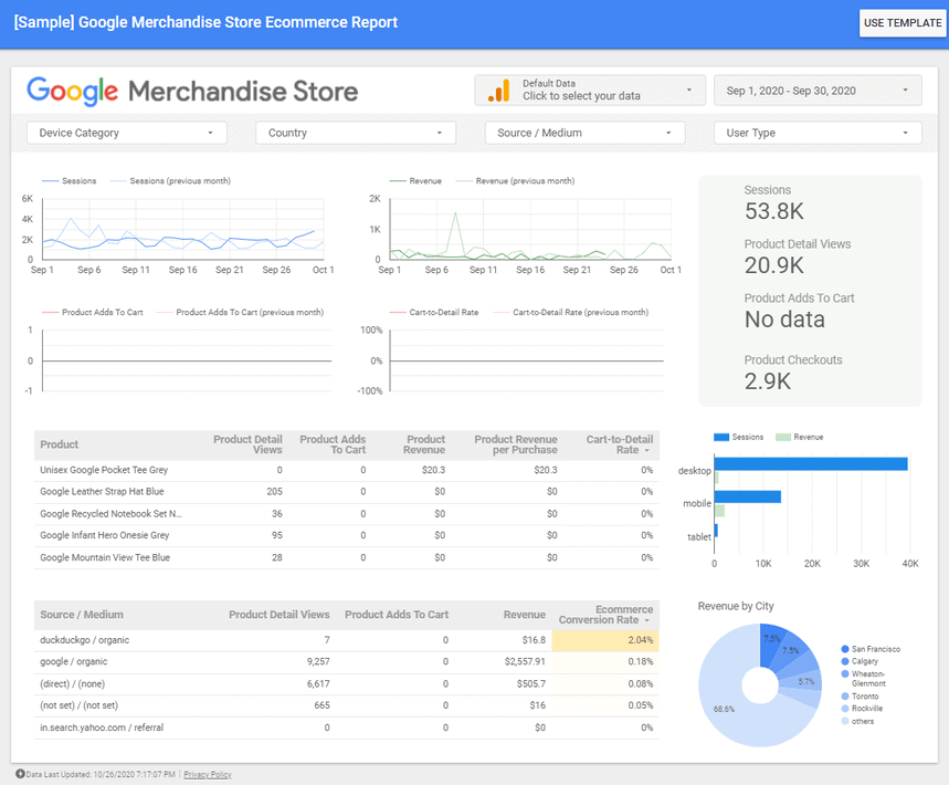 Google Merchandise Store eCommerce report summarizing product sales, revenue, and conversion rates by traffic sources.