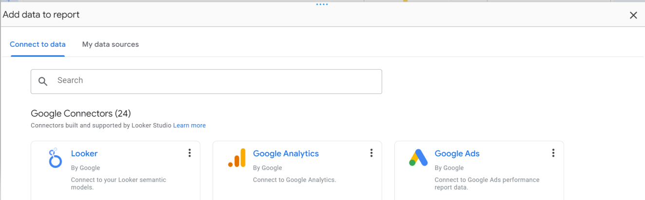 Data connection interface in Looker Studio showing available Google Connectors like Analytics and Ads.