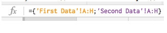 Formula in Google Sheets combining data from two sheets into one using an array formula that pulls columns from both sources.