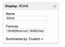 Formula panel for calculating return on ad spend using revenue and cost values in a spreadsheet tool.