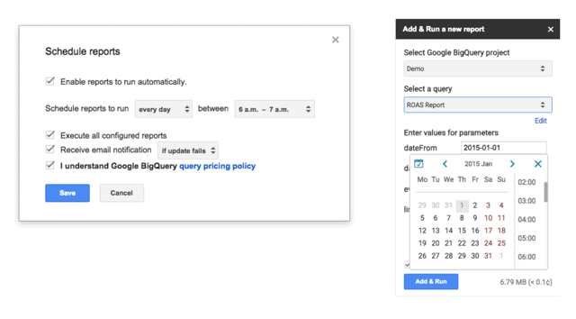 Report scheduling interface showing options to run reports automatically.
