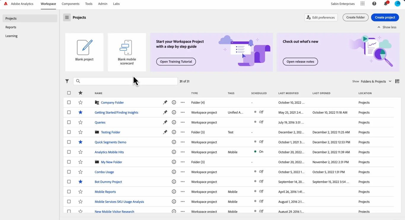 Adobe Analytics dashboard displaying marketing reports, project management views, and real-time analytics for digital campaigns.
