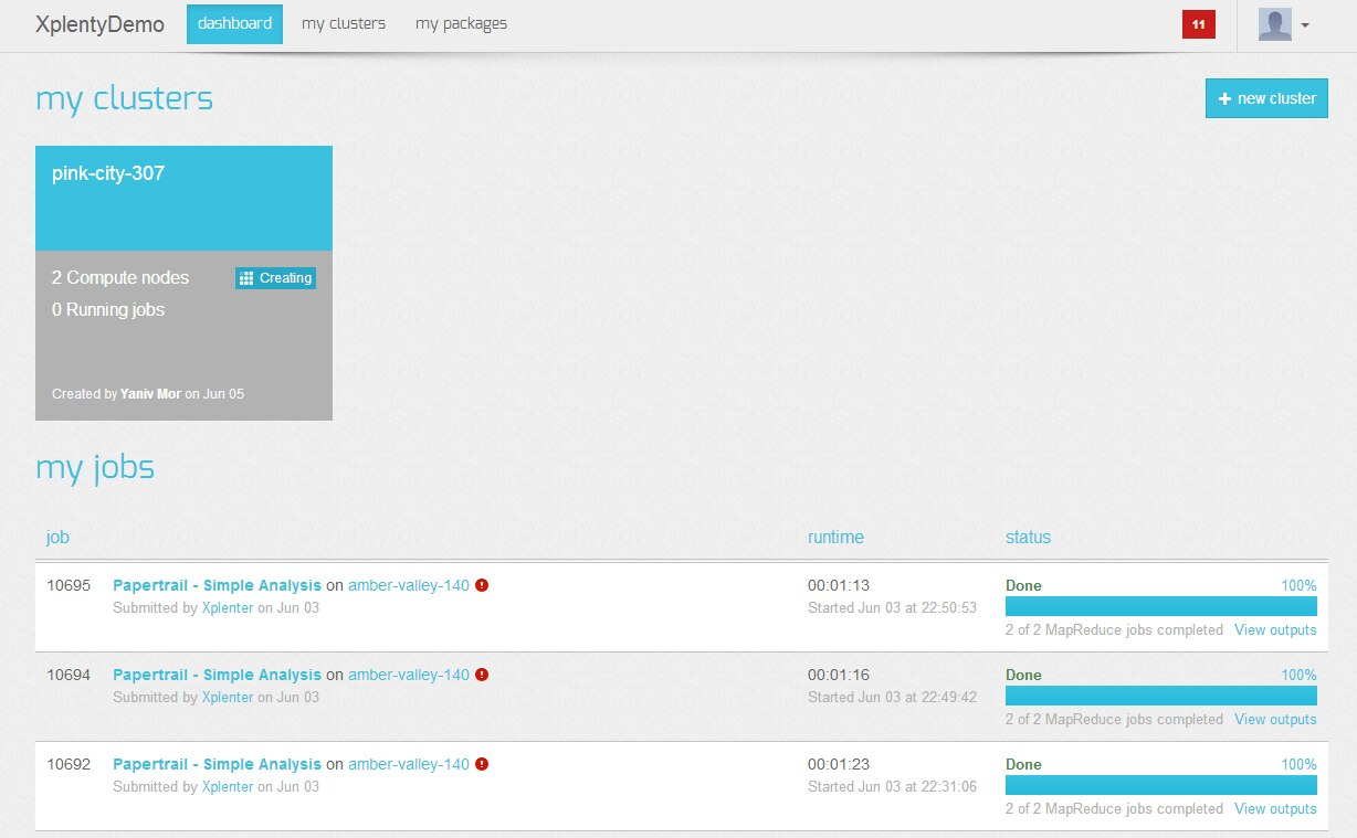Integrate.io (formerly Xplenty) dashboard showing data pipeline clusters, job statuses, and processing details.