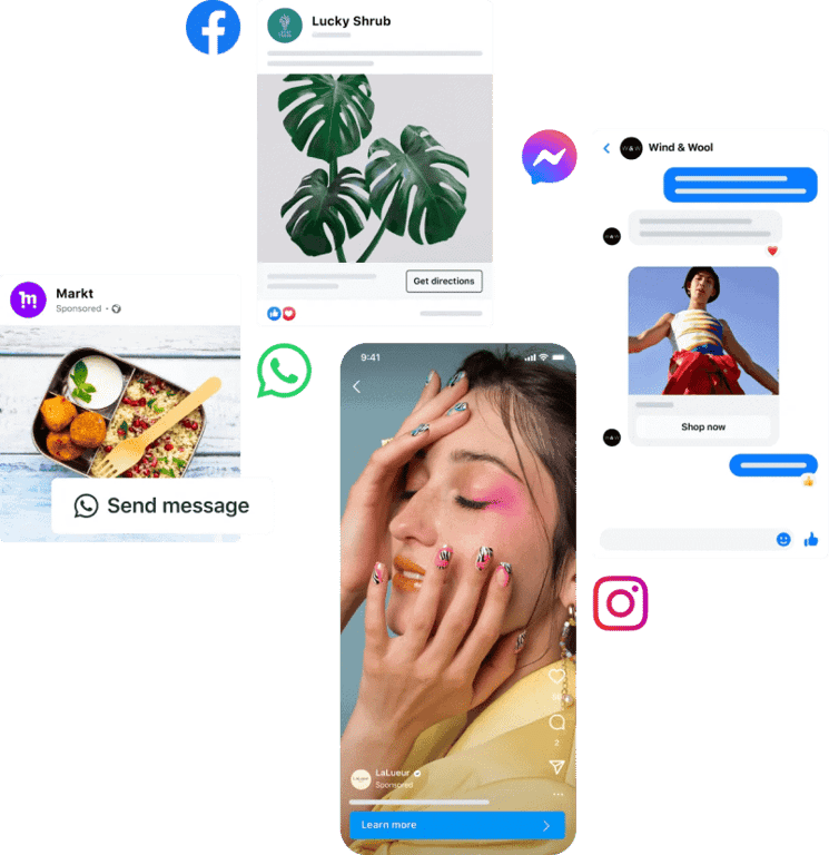 Various social media ads and messaging interactions across platforms like Facebook, Instagram, WhatsApp, and Messenger.