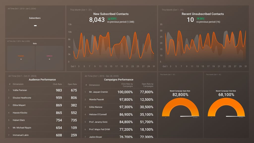Audience and campaign performance dashboard showing email metrics and engagement over time.