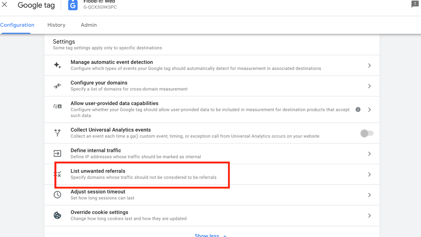 Google Tag Manager settings with an option highlighted for listing unwanted referrals, allowing exclusion of specific domains from referral tracking. i-shadow