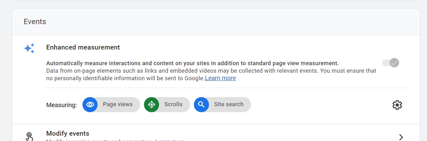 Google Analytics 4 enhanced measurement settings, showing automatic tracking of page views, scrolls, and site search. i-shadow