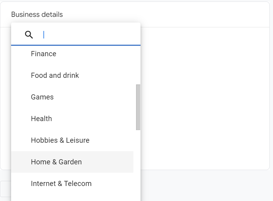 Google Analytics business details dropdown menu with industry categories such as finance, food and drink, games, health, and home & garden. i-shadow