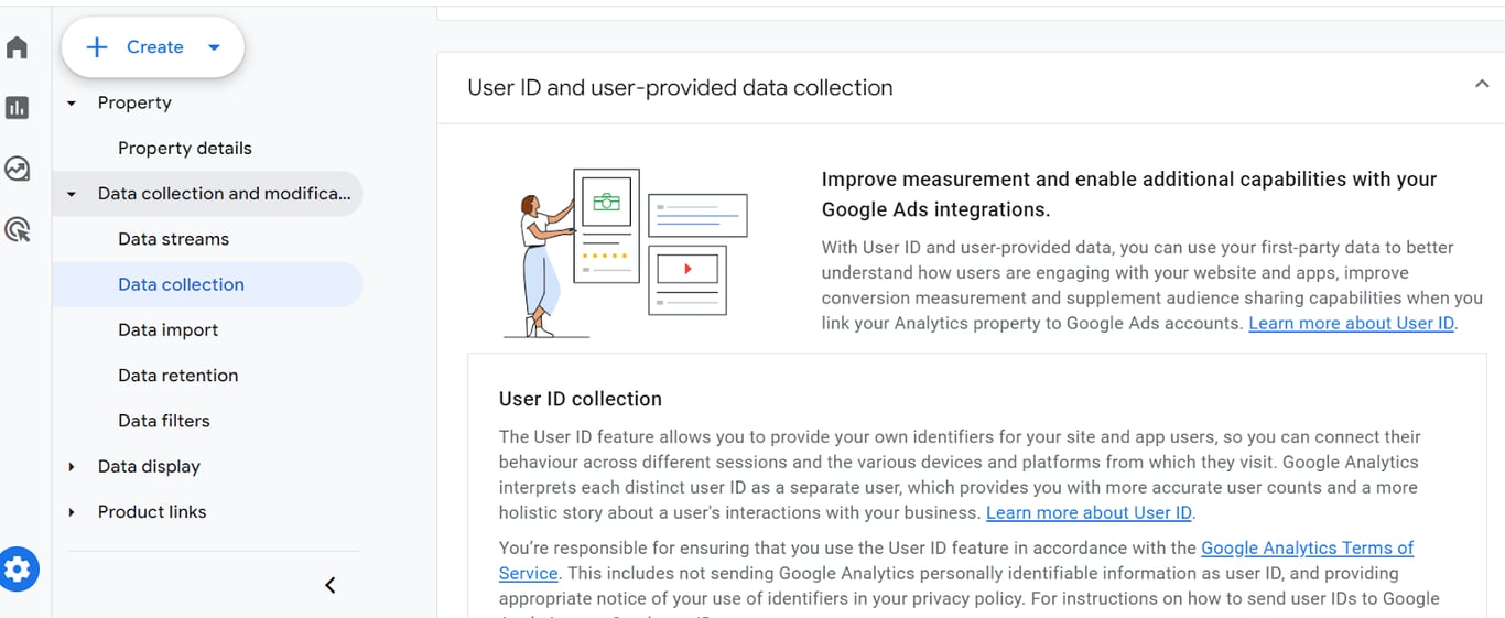 Google Analytics 4 data collection settings showing User ID collection and user-provided data options. i-shadow
