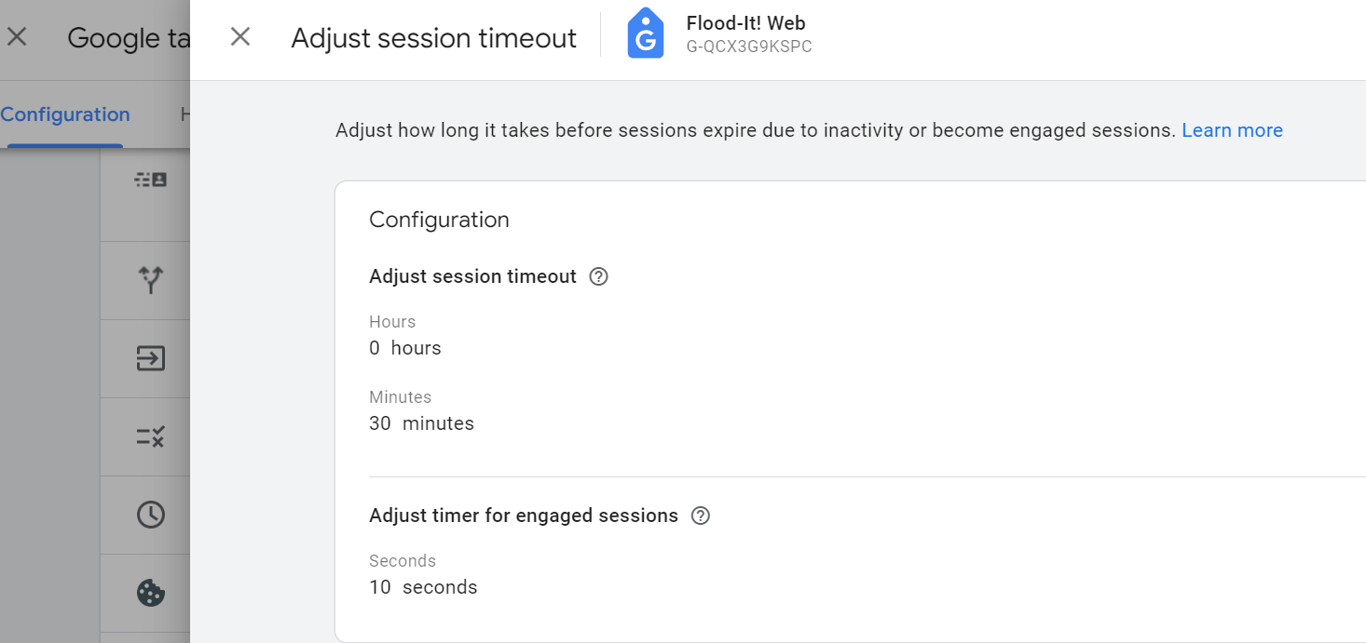 Google Tag Manager session timeout settings allowing configuration of session expiration time due to inactivity, with adjustable minutes and seconds. i-shadow