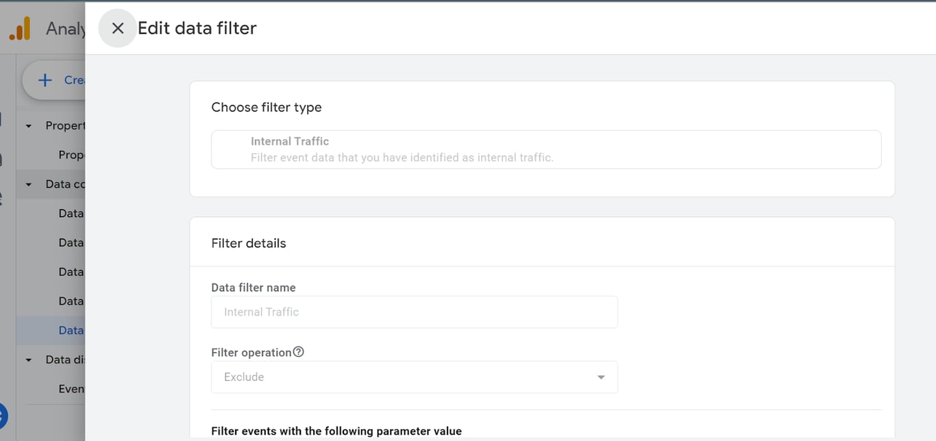 Google Analytics 4 data filter settings with an option to exclude internal traffic based on predefined rules. i-shadow