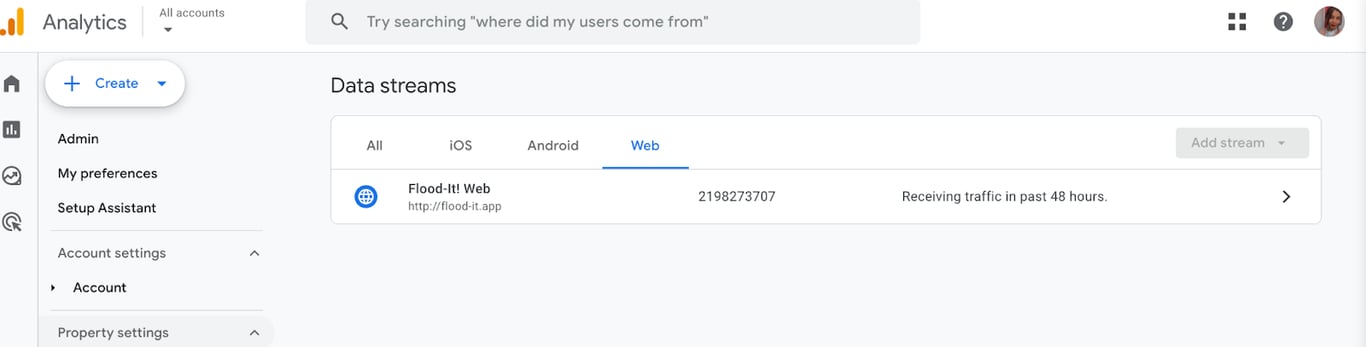 Google Analytics data streams panel displaying website data tracking setup for a web property. i-shadow