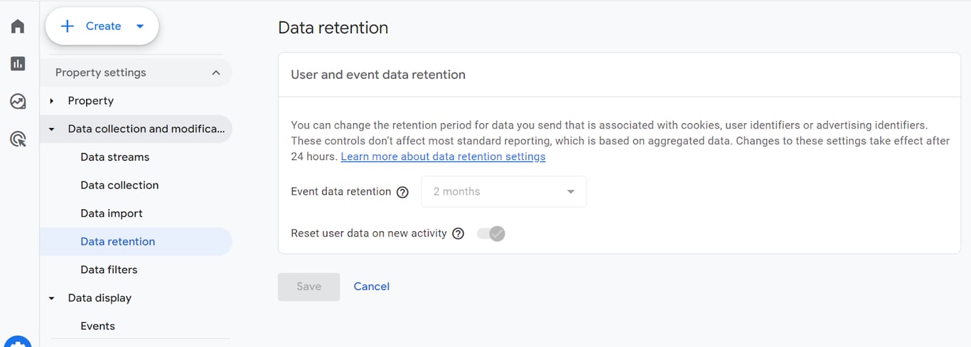Google Analytics 4 data retention settings, showing event data retention set to 2 months and an option to reset user data on new activity. i-shadow