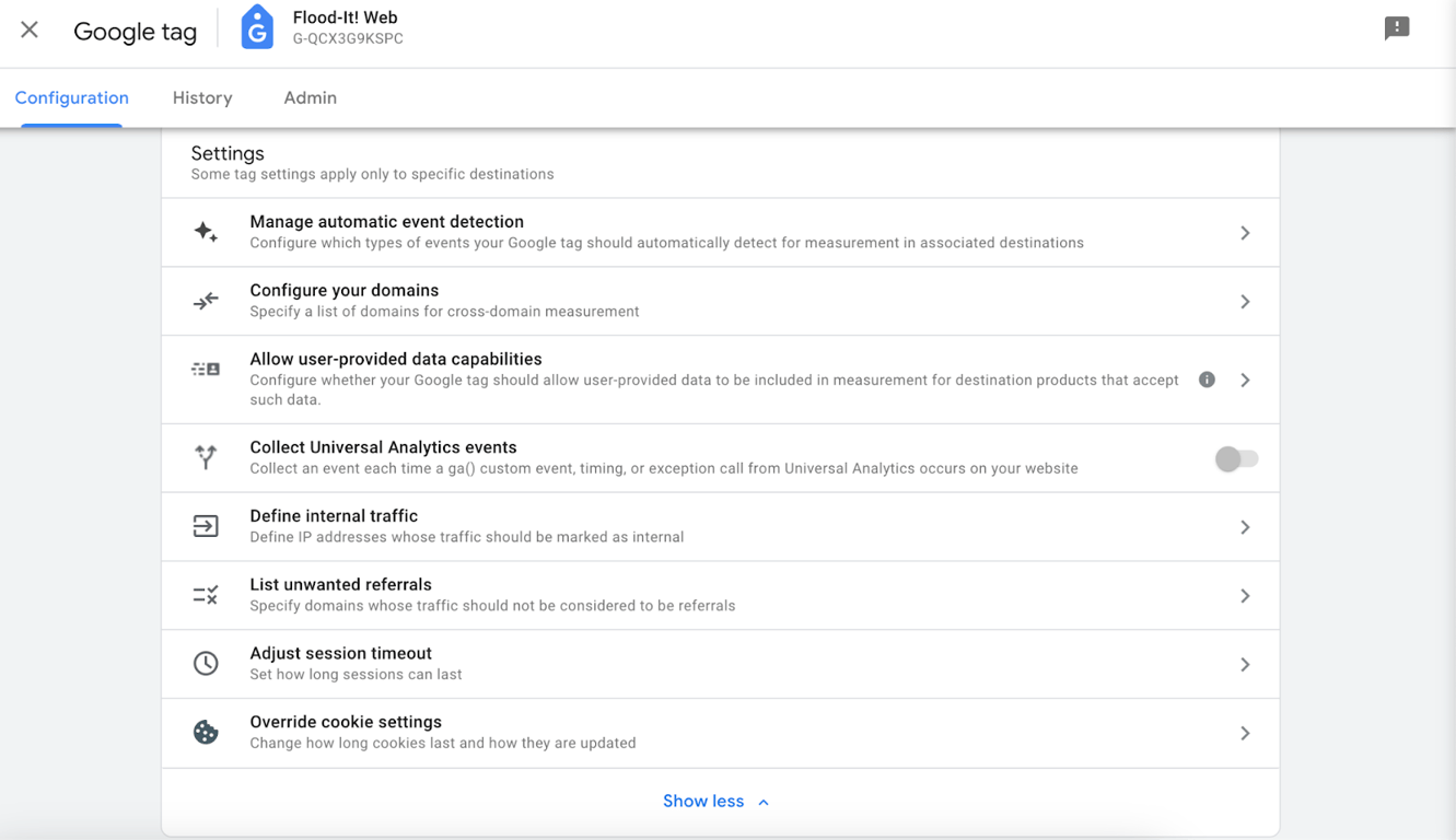 Google Tag settings page in Google Analytics 4 displaying options to manage automatic event detection, configure domains, define internal traffic, and adjust session timeout. i-shadow