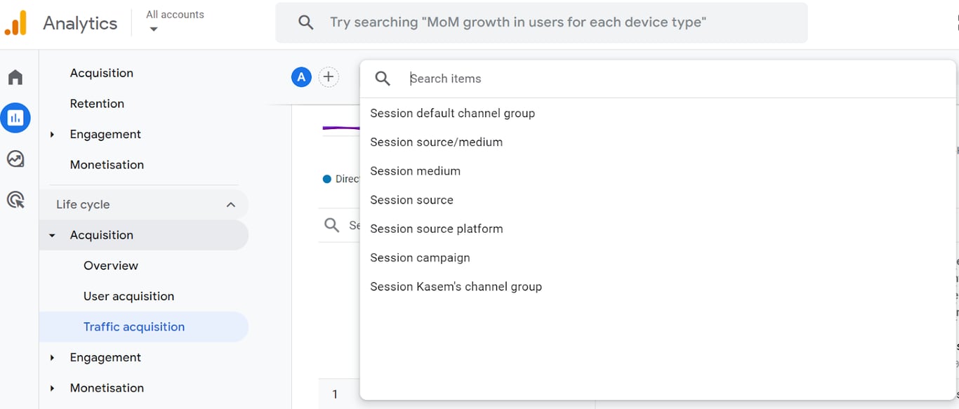 Google Analytics traffic acquisition section with a search bar for filtering session-related metrics, including session source, campaign, and medium. i-shadow
