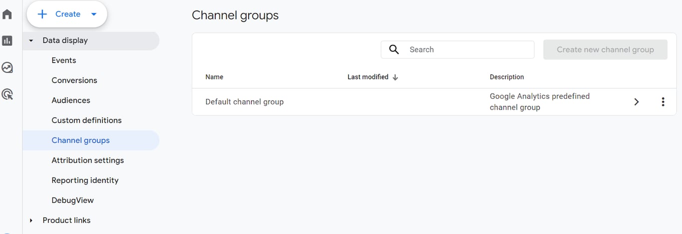 Channel groups settings showing the default channel group with an option to create a new one i-shadow
