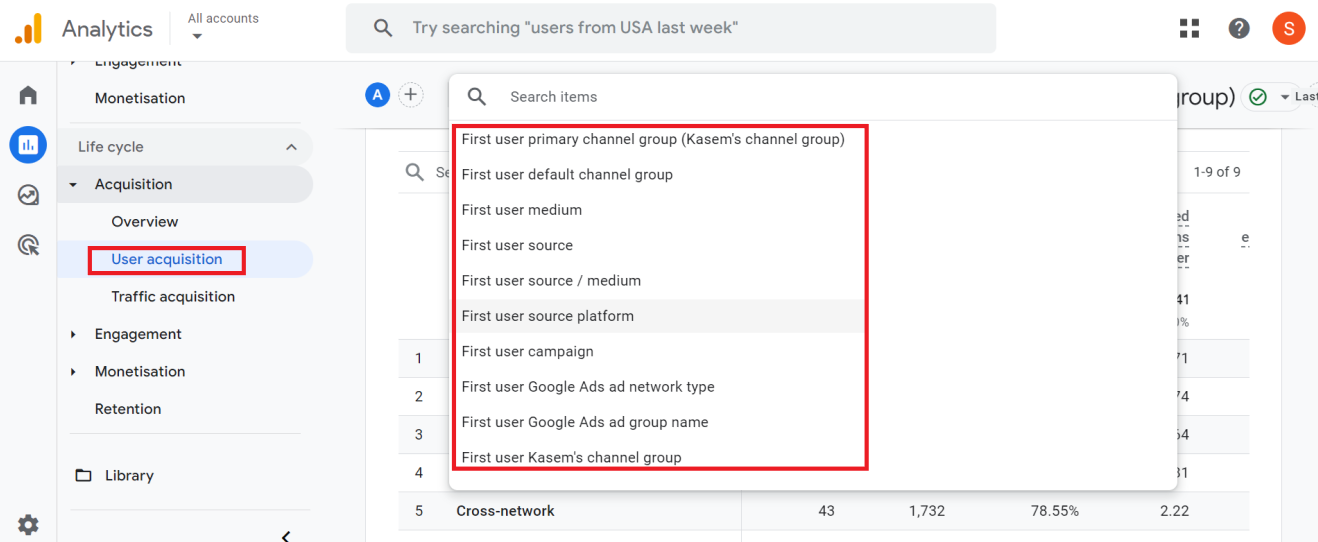 Google Analytics 4 User Acquisition report with search filter options for first user source, medium, and campaign. i-shadow