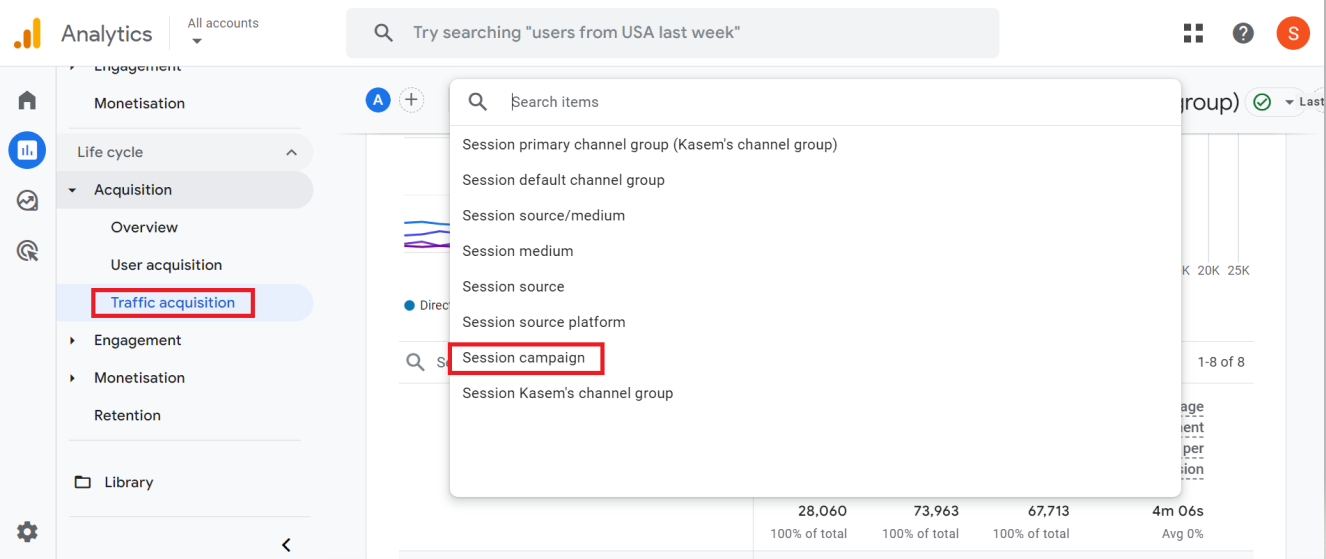 Google Analytics 4 Traffic Acquisition report with search filter options for session campaign and other traffic sources. i-shadow