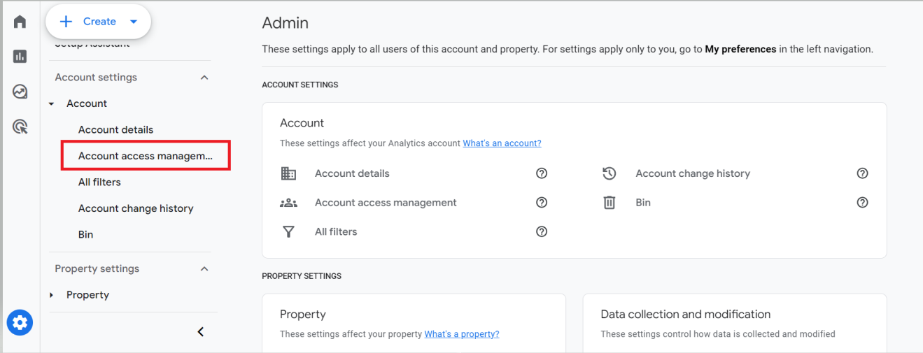 Google Analytics Admin panel showing the “Account access management” option highlighted in the account settings menu. i-shadow