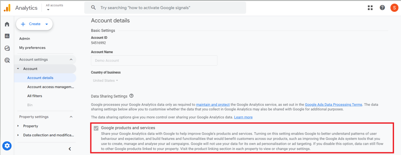 Account details in Google Analytics with the “Google products and services” option checked under Data Sharing Settings. i-shadow