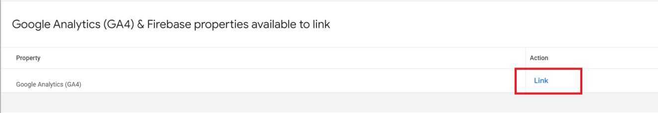 Google Analytics (GA4) & Firebase properties list with a highlighted “Link” option for available properties. i-shadow