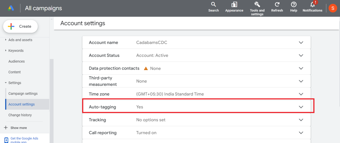 Google Ads account settings page with the “Auto-tagging” option highlighted. i-shadow