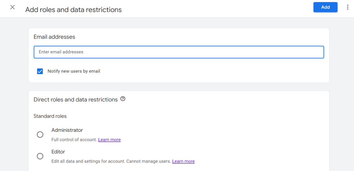 Google Analytics interface for adding user roles and setting access permissions, including email entry and role selection (Administrator or Editor). i-shadow