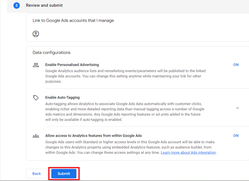 Google Ads and GA4 linking review page with data configuration options enabled and the “Submit” button highlighted. i-shadow