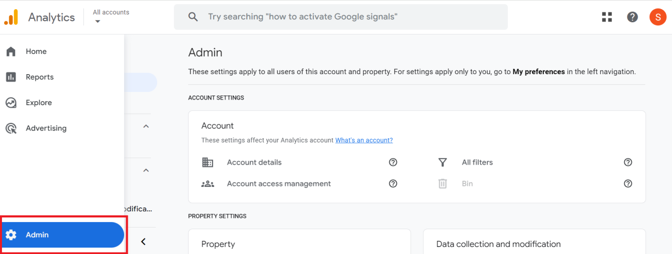 Google Analytics Admin panel with account and property settings options. i-shadow
