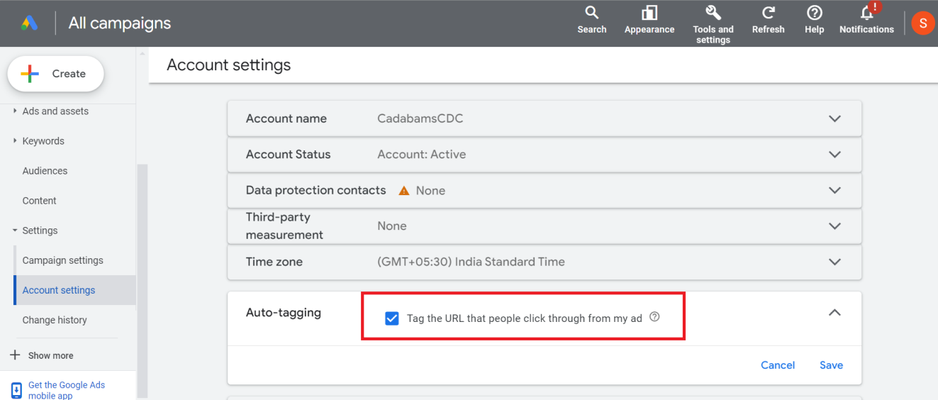 Google Ads account settings page with the “Auto-tagging” option enabled and highlighted. i-shadow