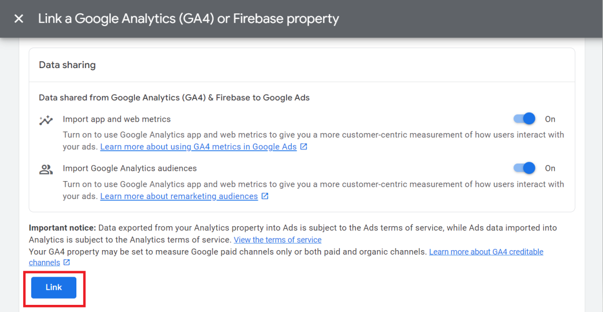 Google Analytics (GA4) & Firebase linking screen with data-sharing options enabled and the “Link” button highlighted. i-shadow